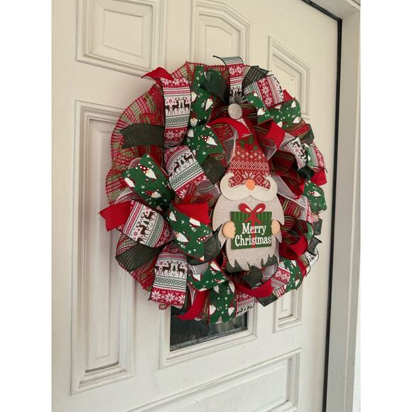 Merry Christmas Gnome Wreath | Red Green Christmas Door Decor Holiday Wreath xxx - Picture 7 of 9